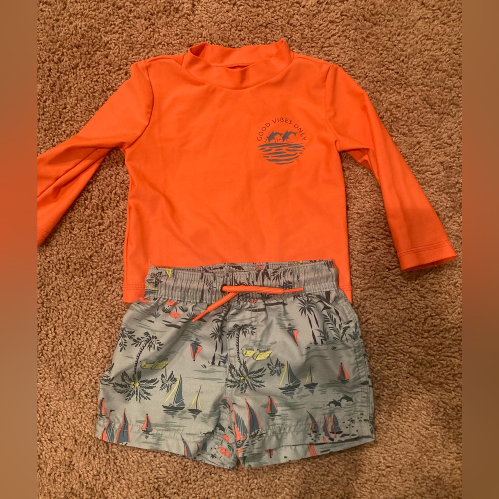 Infant Orange Rash Guard and Gray Swim Shorts Set